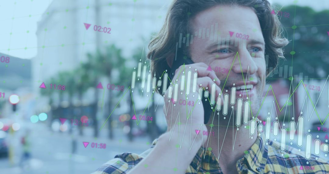 Earnest Male Professional Talking on Smartphone with Data Graphics Overlay