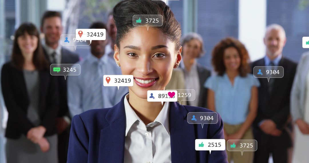 Smiling Businesswoman in Office with Digital Networking Icons