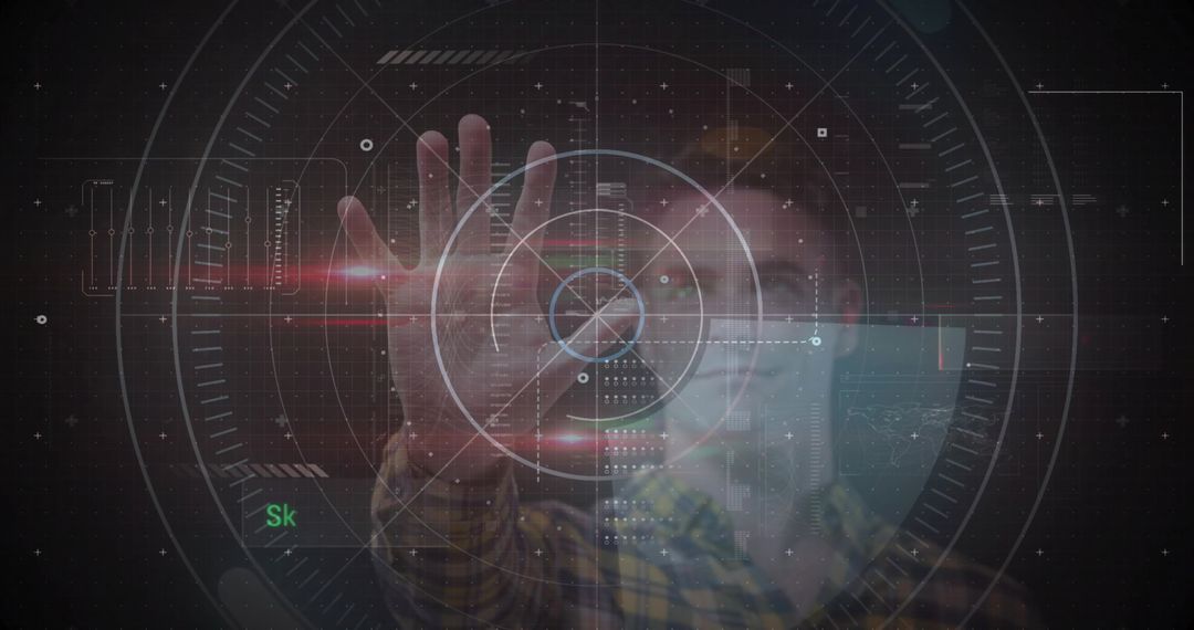 Adult male manipulating holographic interface with gesture control, futuristic HUD reticle