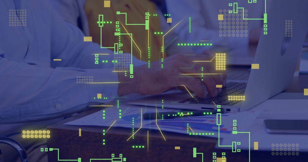 Business Professional Using Laptop with Digital Data Overlay