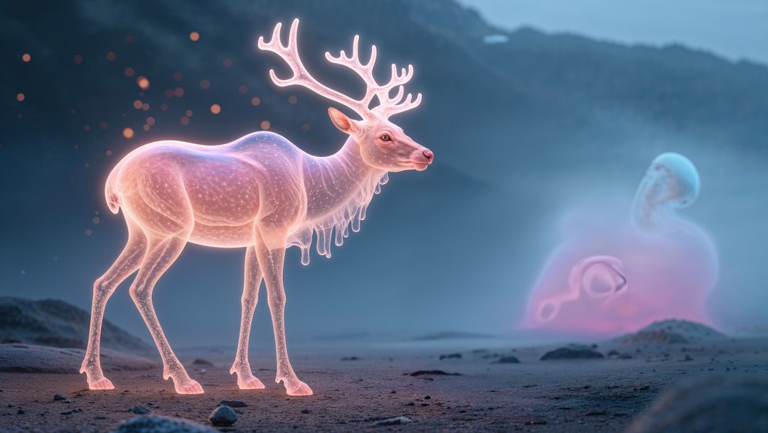 Glowing Deer with Fantasy Flaming Antlers on Misty Plains