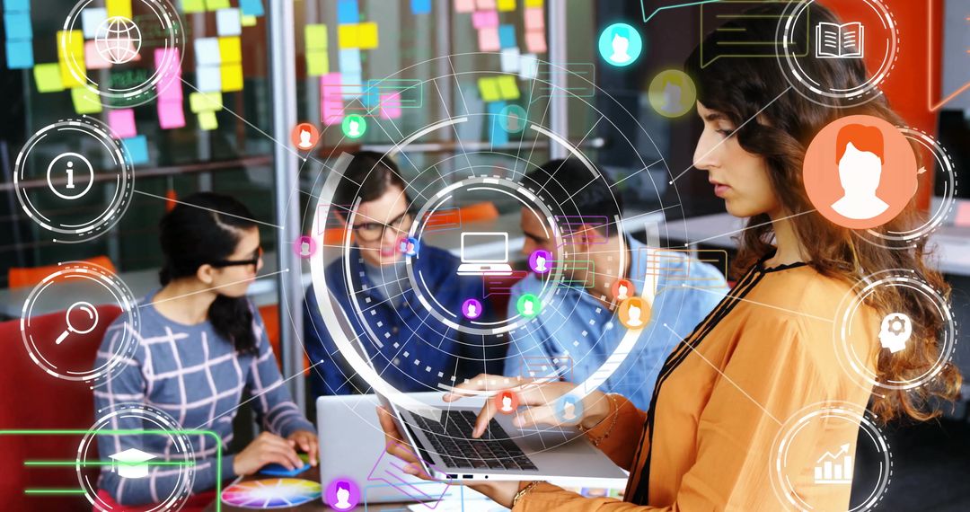 Collaborative Teamwork in Modern Office with Digital Interface Display