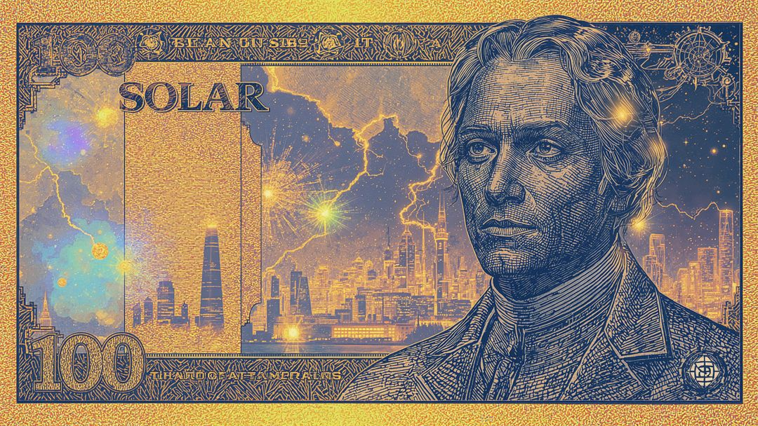 Futuristic Currency Artwork with Bust and Gleaming Urban Skyline