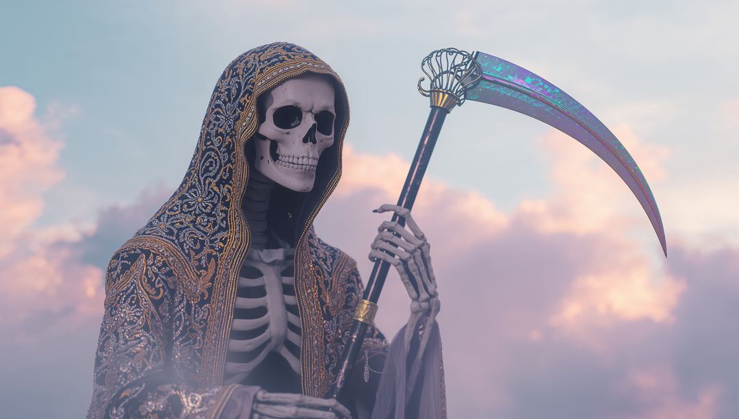 Skeleton Holding Scythe Under Pastel Sky in Gothic Fantasy Scene