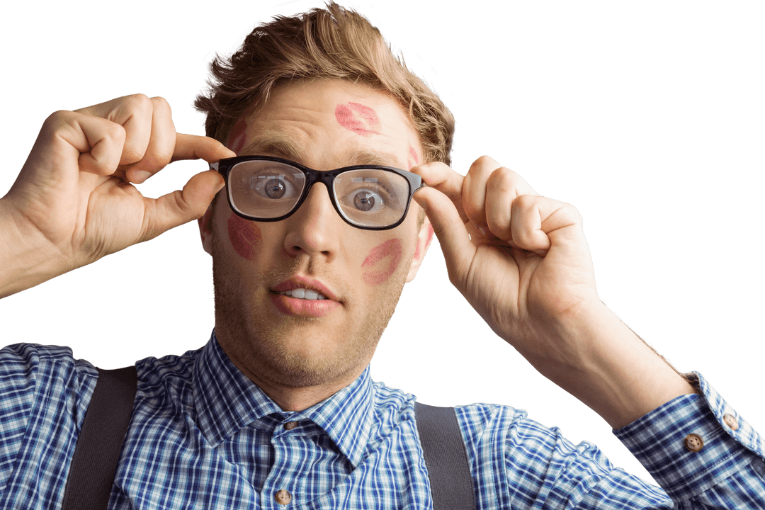 Surprised Geeky Man with Kiss Marked Transparent Background