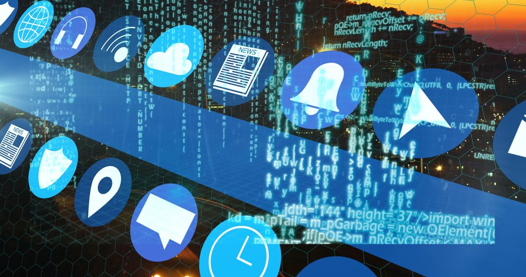 Futuristic Digital Network with Streaming Codes and Icons