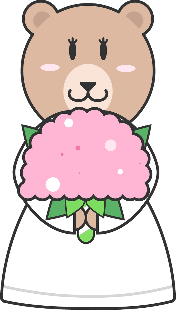 Cartoon Bear Holding Pink Flower Bouquet on Transparent Background