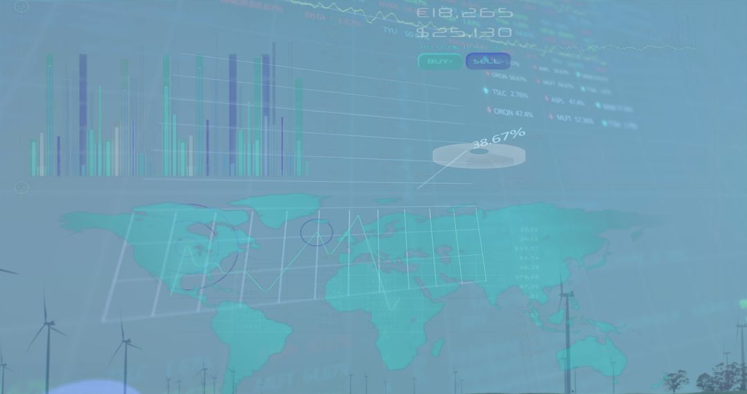Digital Composite of Financial Charts Over Wind Turbines