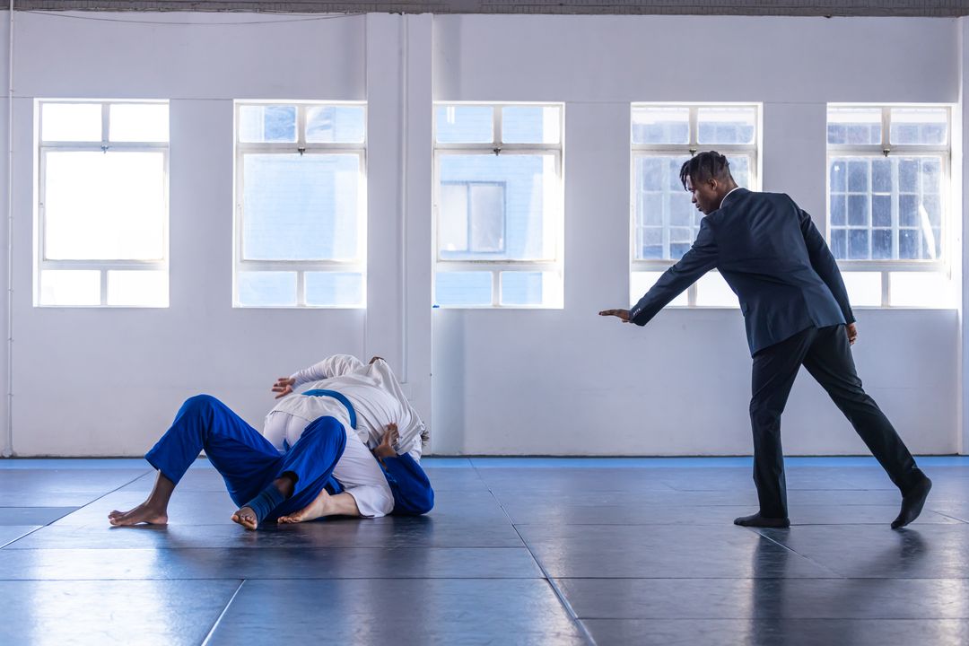 Martial Arts Grappling Match in Sunlit Dojo