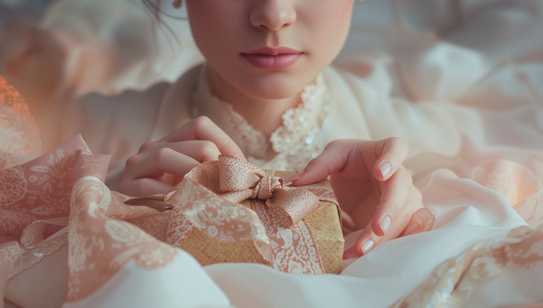 Elegant Woman with Gift on Pastel Bedding Turning World of Luxury