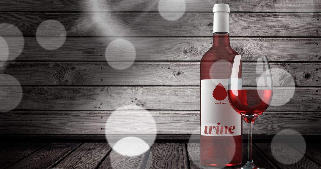 Rose Wine Bottle and Glass of Wine with Wood Background and Light Effects