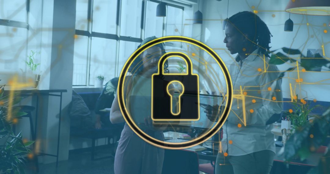 Holographic Padlock Overlay Across Open-Plan Office Setting