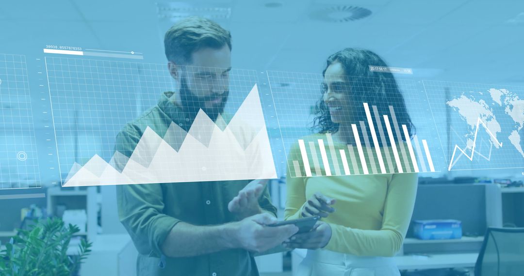 Colleagues Discussing Financial Data Visualization in Modern Office