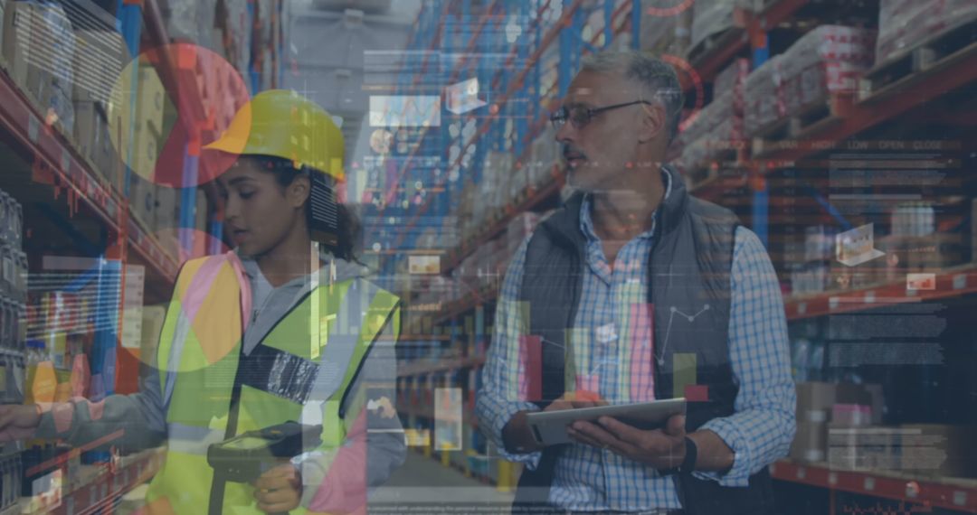 Warehouse Team Analyzing Global Data with Technology Overlays - Free Images, Stock Photos and Pictures on Pikwizard.com