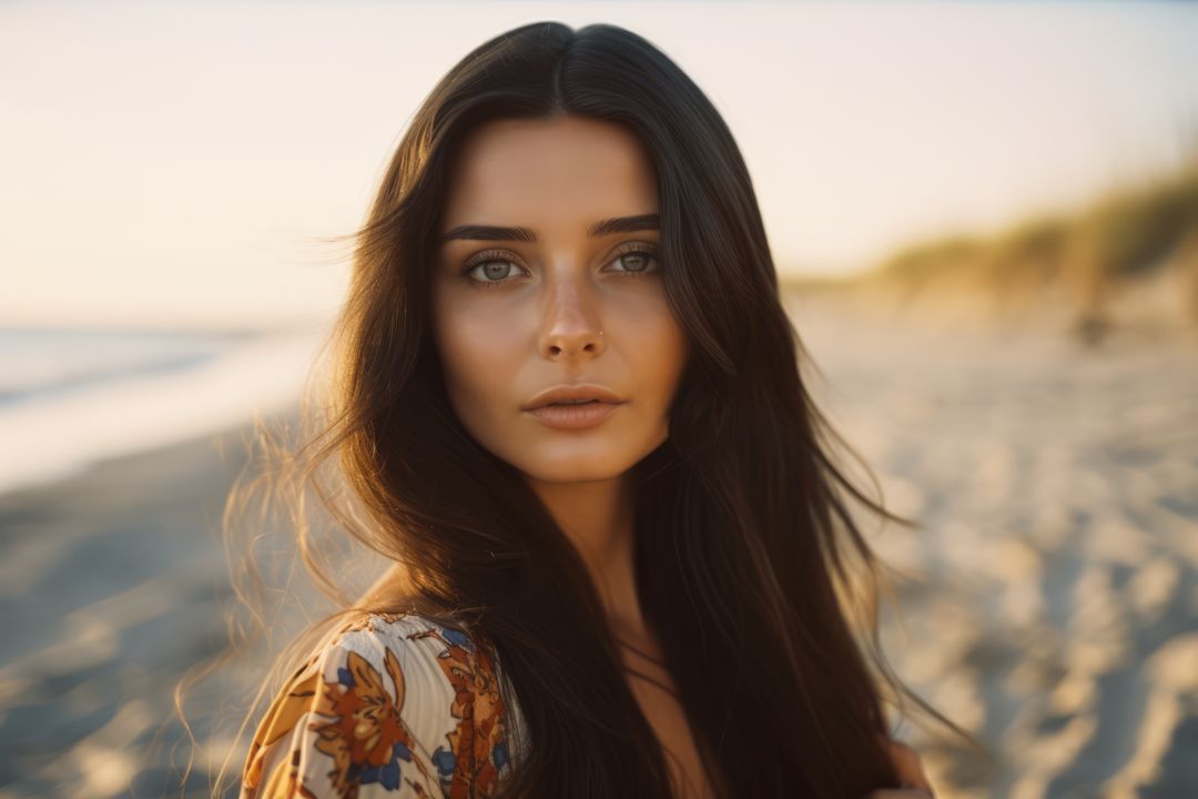 Young Woman with Long Hair Standing on Beach at Golden Hour - Free Images, Stock Photos and Pictures on Pikwizard.com