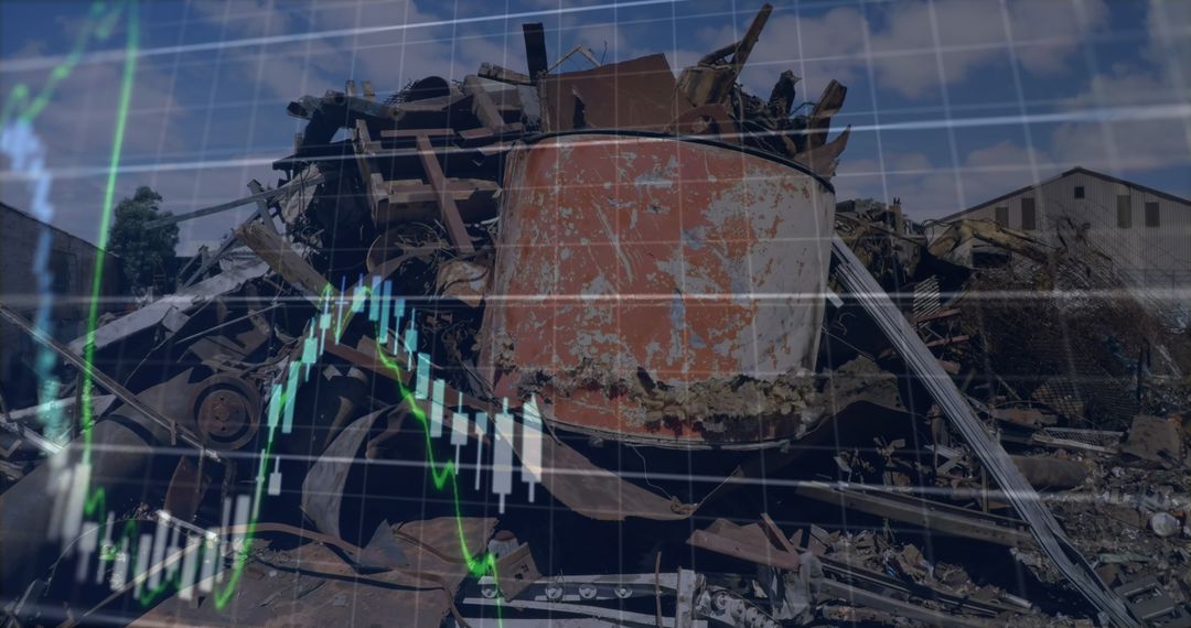 Digital Data Graphics Over Industrial Junkyard Background