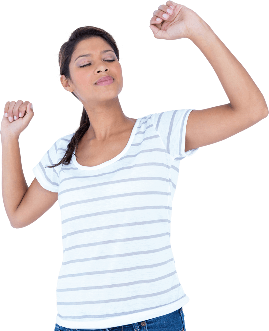 Content Woman Stretching with Closed Eyes in Transparent Background