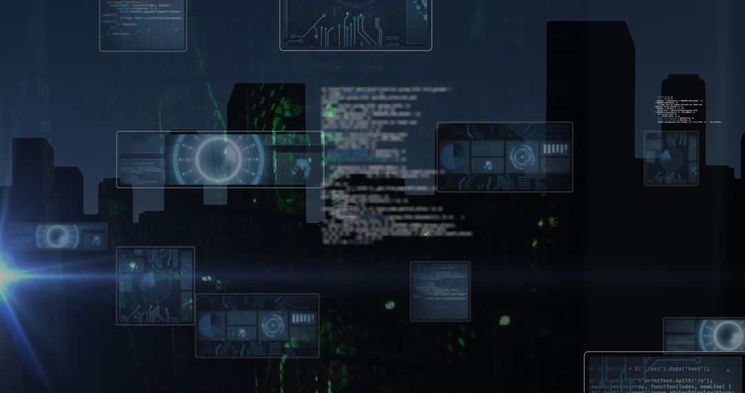 Futuristic Digital Interface Over Urban Skyline at Night