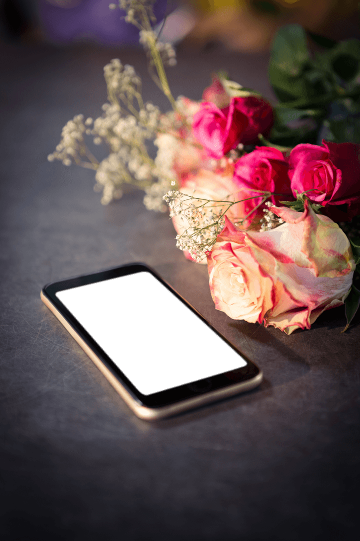 Romantic Scene with Transparent Smartphone and Fresh Roses