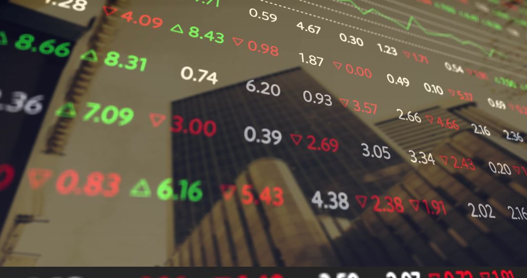 Financial Market Ticker Reflecting on Glass Skyscraper in Urban Setting