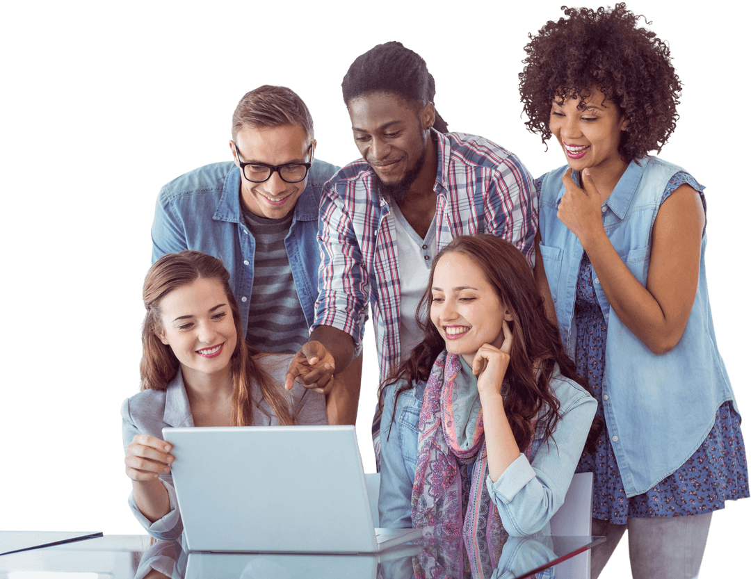 Transparent Team Working Together Around Laptop