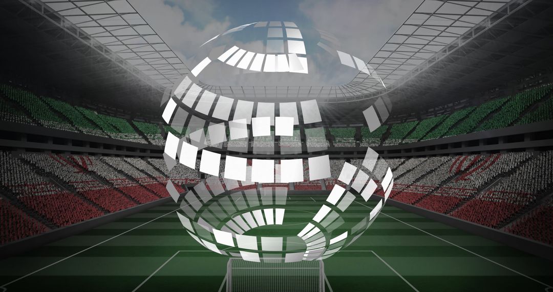 Floating Segmented Globe Above Football Pitch in Stadium