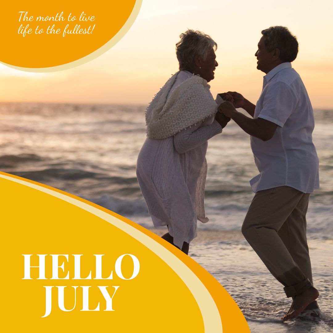 Senior Biracial Couple Dancing on Beach at Sunset in July - Download Free Stock Templates Pikwizard.com