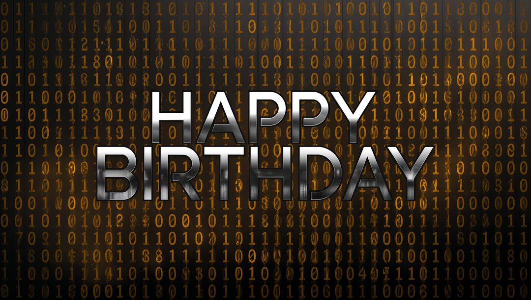 Metallic HAPPY BIRTHDAY Text on Orange Binary Code Background for Tech Celebration