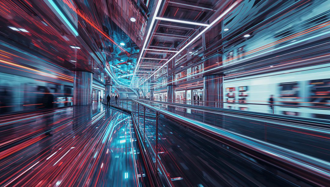 Futuristic Urban Commute on Neon-Lit Moving Walkway