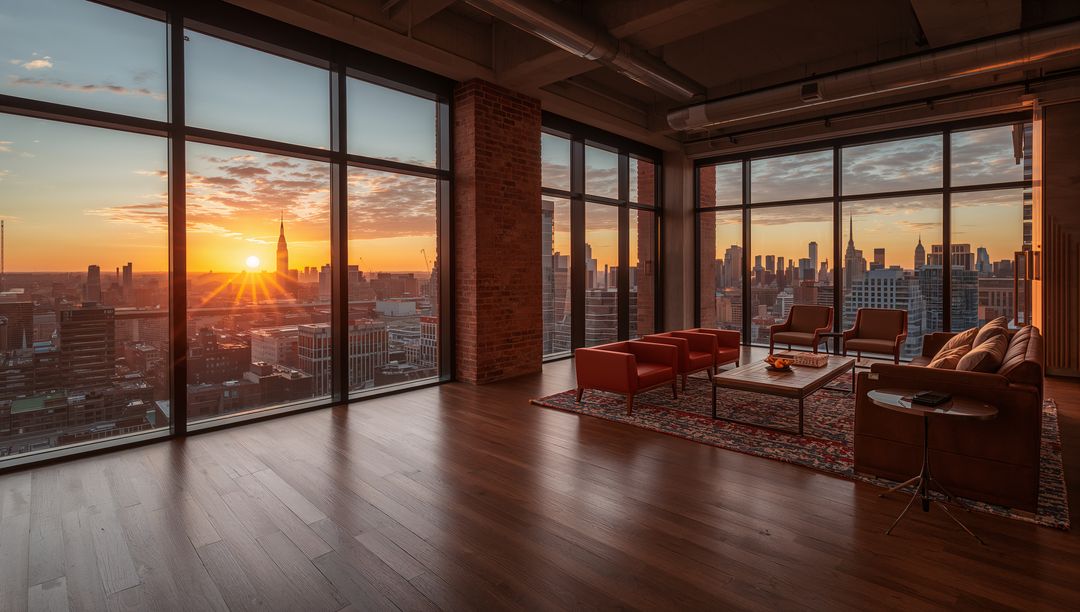 Sunset Loft Lounge Featuring Floor-to-Ceiling Windows and Panoramic Urban Skyline Views