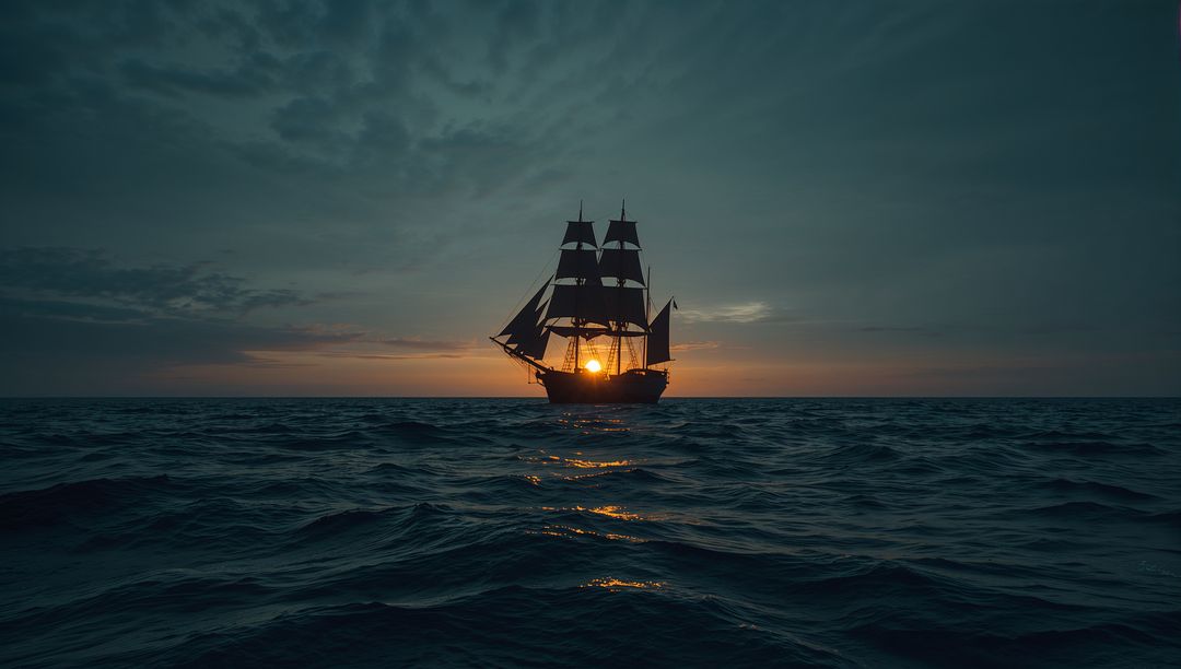Majestic Tall Ship Sailing at Sunset on Open Ocean Horizon