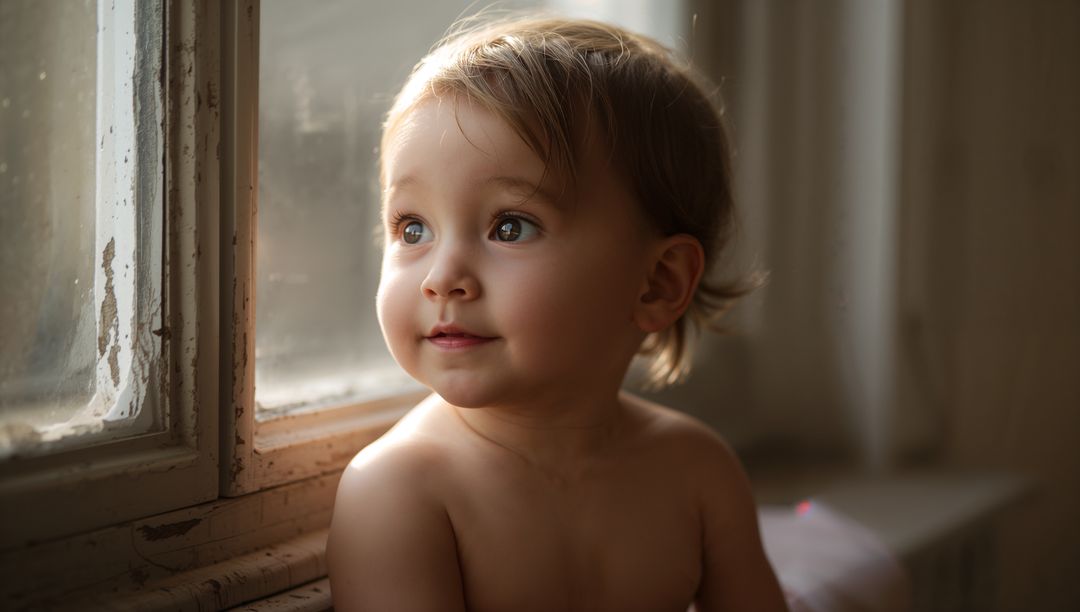 Sunlit Toddler Portrait on Rustic Windowsill Radiating Wonder and Warm Golden Light