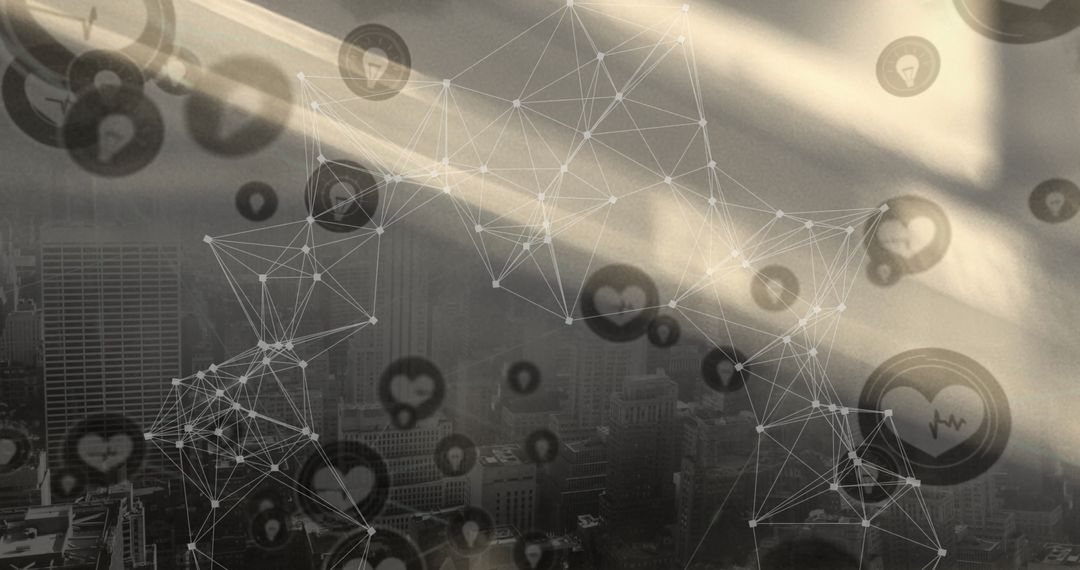 Digital Network Interface with Icons Over Urban Skyline