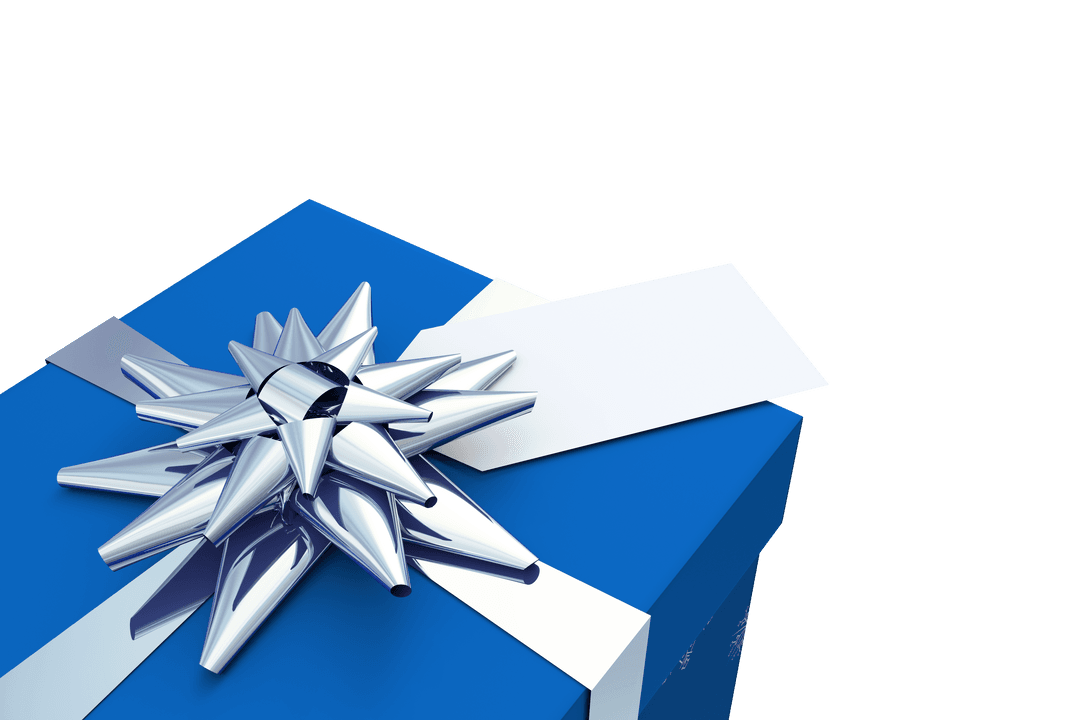 Blue Present with Silver Bow and Tag Transparent Background