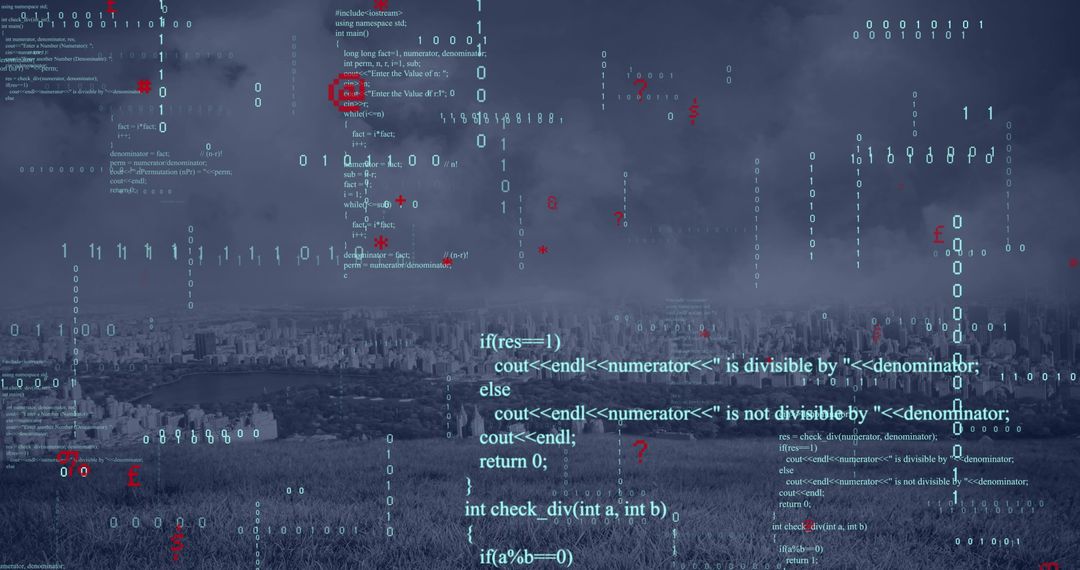 Digital Code Overlay with Cityscape Metropolis Background