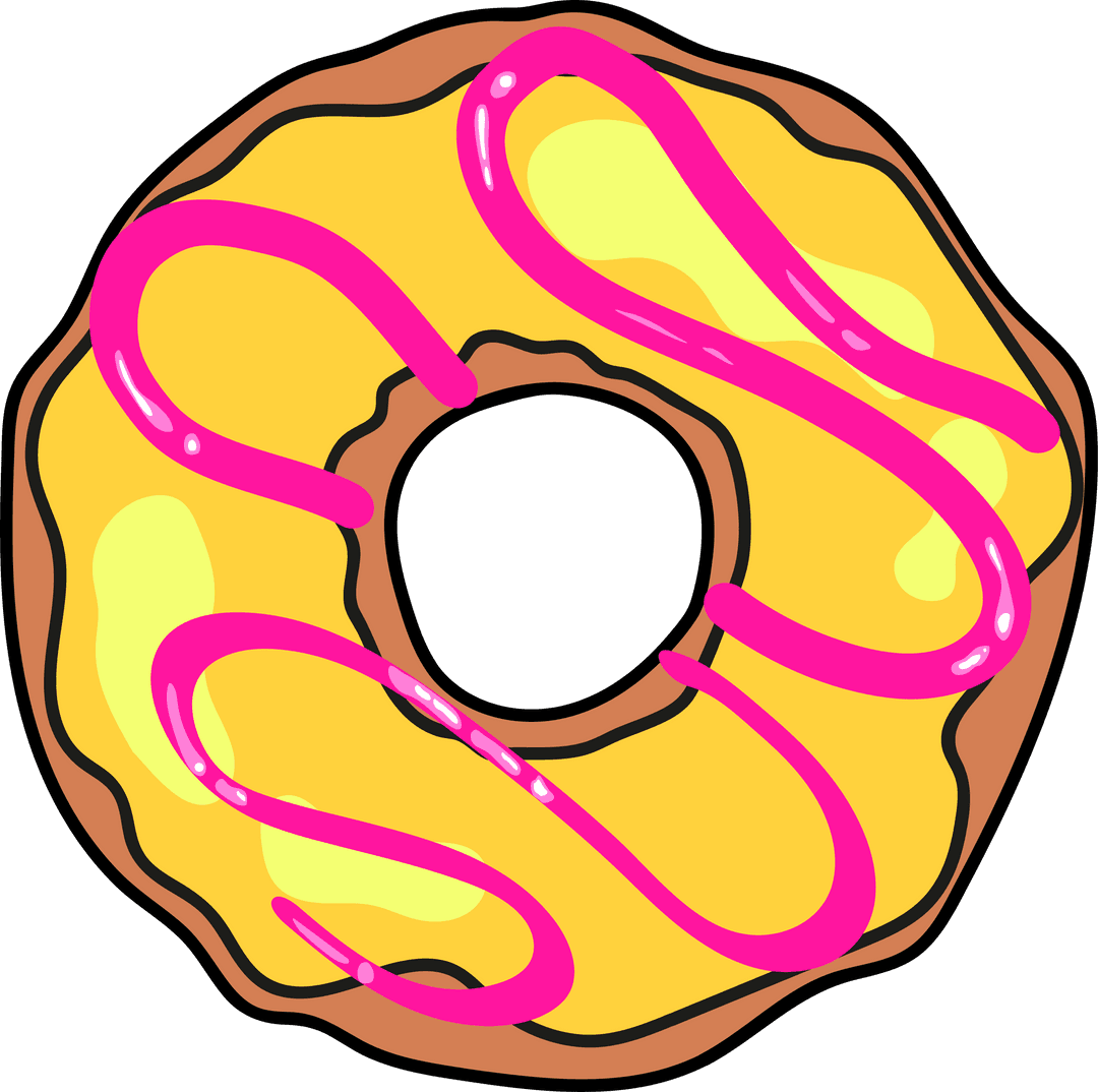 Cartoon Donut With Yellow Icing and Pink Drizzle on Transparent