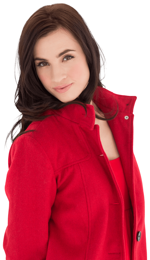 Brunette in Red Coat Posing on White Transparent Background