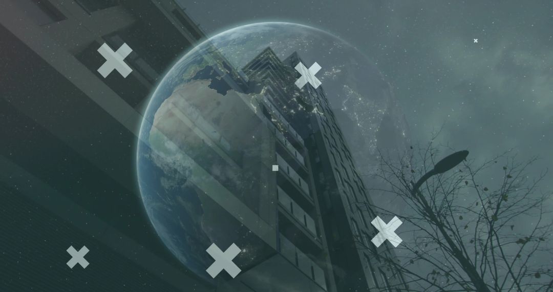 Futuristic Cityscape with Overlaid Earth and Abstract Elements