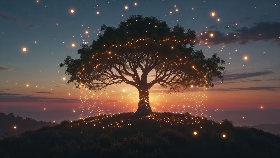 Glowing orbs surround dreamy oak tree at enchanting sunset, dreaming tree concept