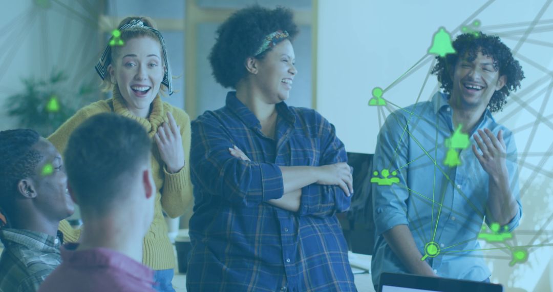 Excited Team Collaborating with Digital Networking Overlay