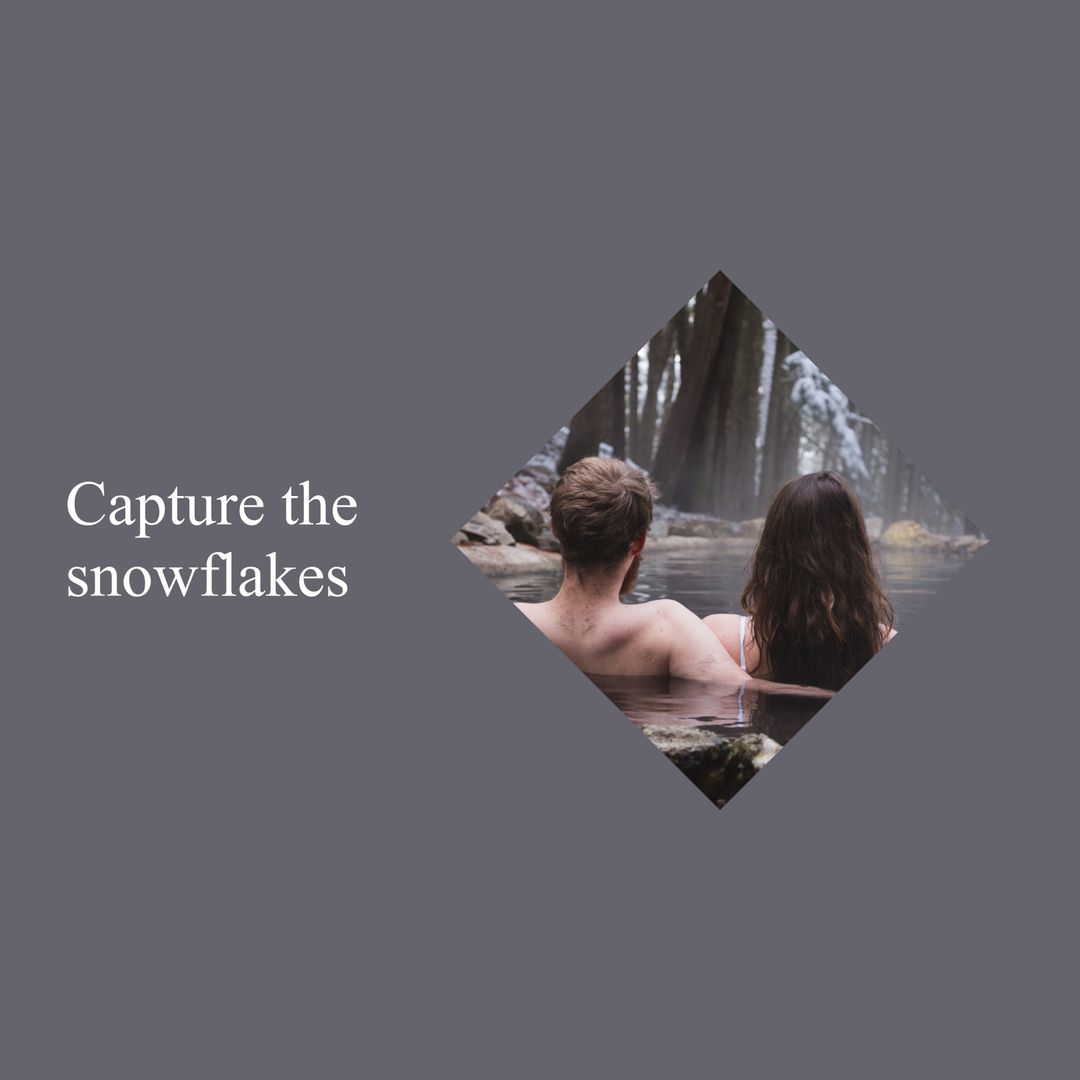Couple relaxing in hot spring surrounded by winter scenery