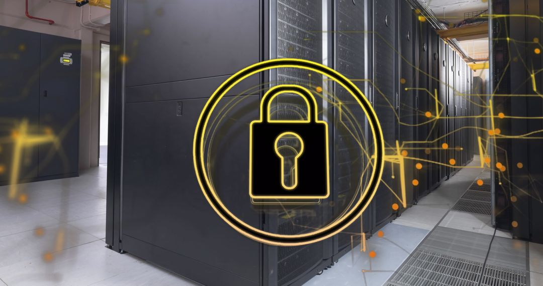 Secure Server Room with Digital Lock Icon Overlay