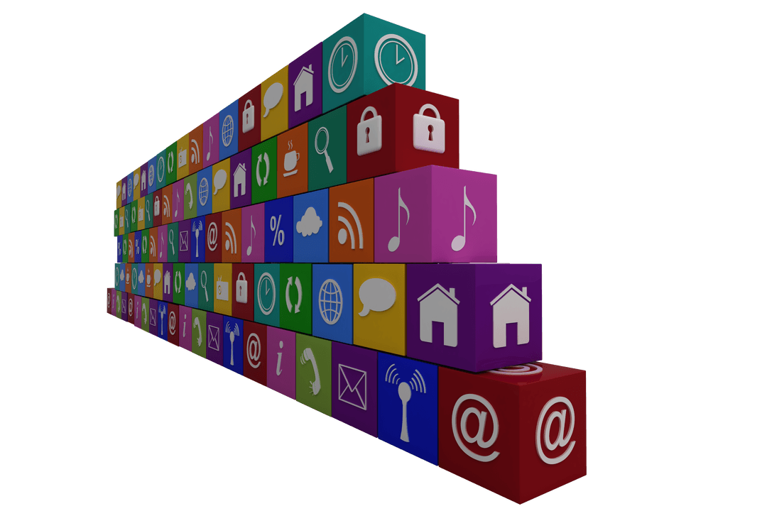 Digital Communication Symbols on Transparent Cube Illustration