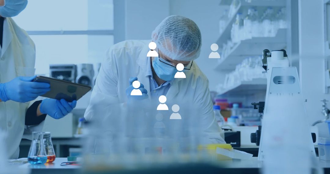 Scientists in Laboratory with Digital Interface Elements