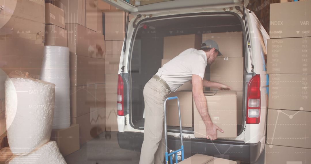 Delivery Man Loading Boxes into Truck with Data Overlay