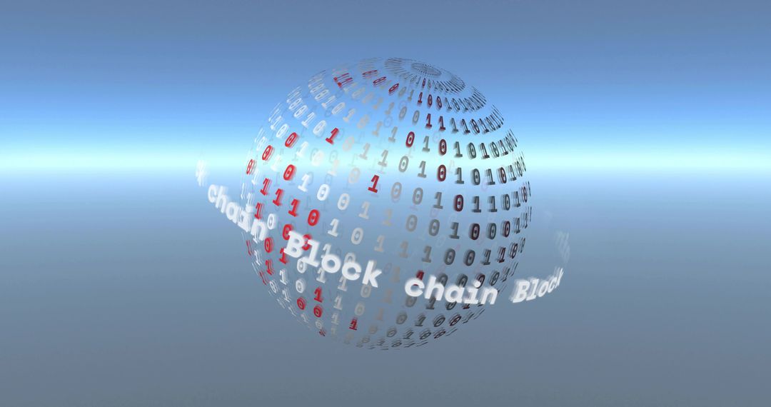 Rotating binary globe with blockchain ribbon hovering in futuristic virtual 3D space