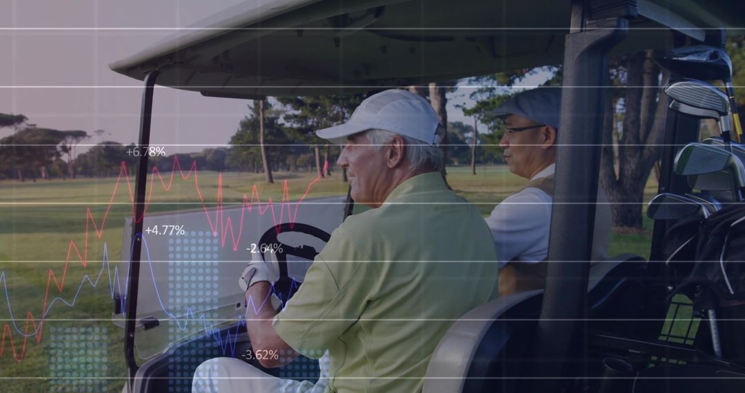 Golfers Riding Cart with Stock Graph Overlay Representing Strategy