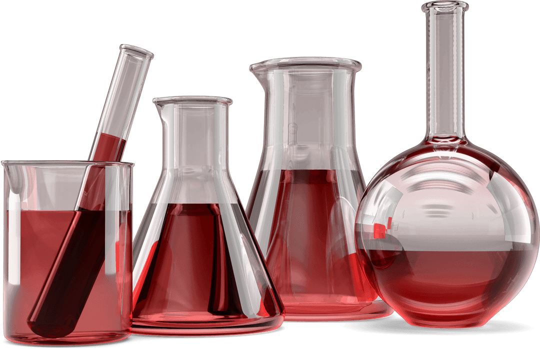 Transparent Laboratory Glassware with Red Chemical Solutions