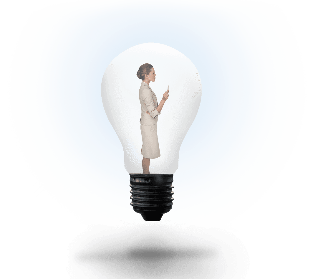 Transparent Light Bulb with Thinking Businesswoman Inside