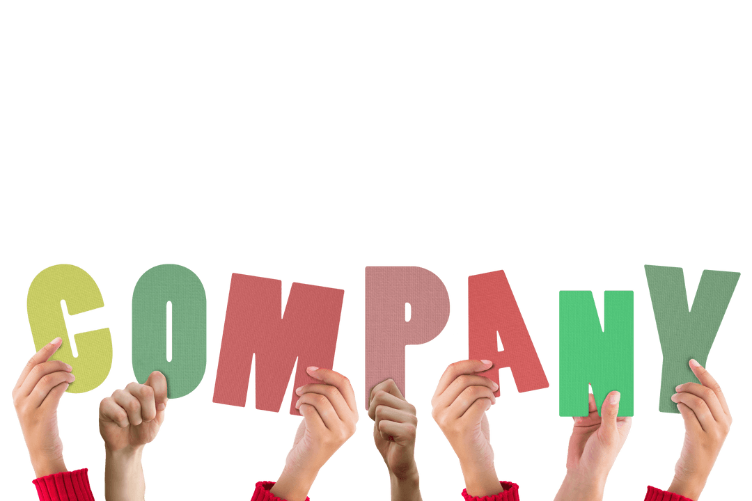 Hands Holding Colorful Company Text on Transparent Background